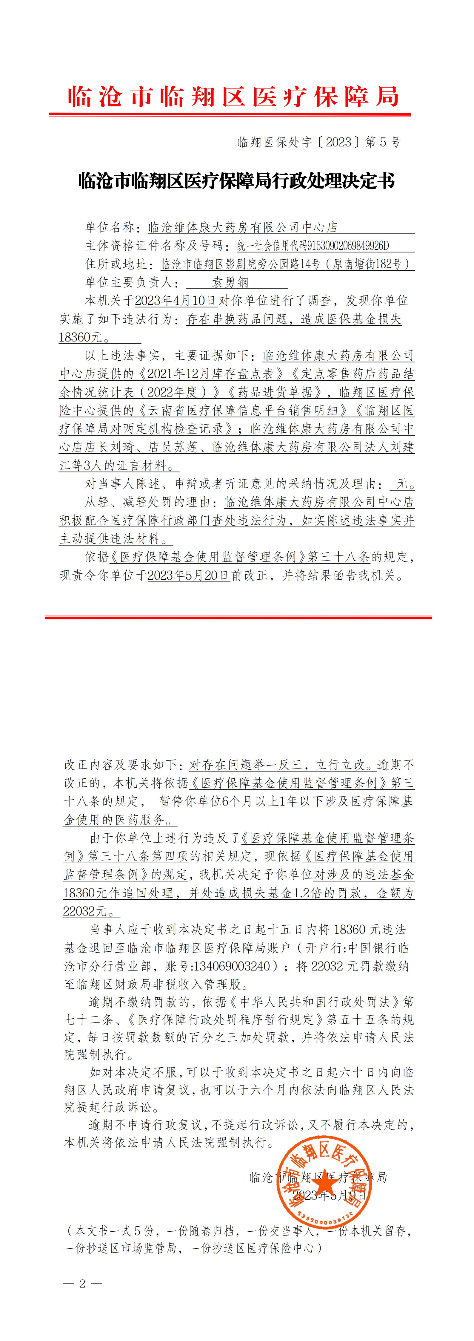 5.临翔医保处字〔2023〕第5号  临沧市临翔区医疗保障局行政处理决定书（中心店）_00.png