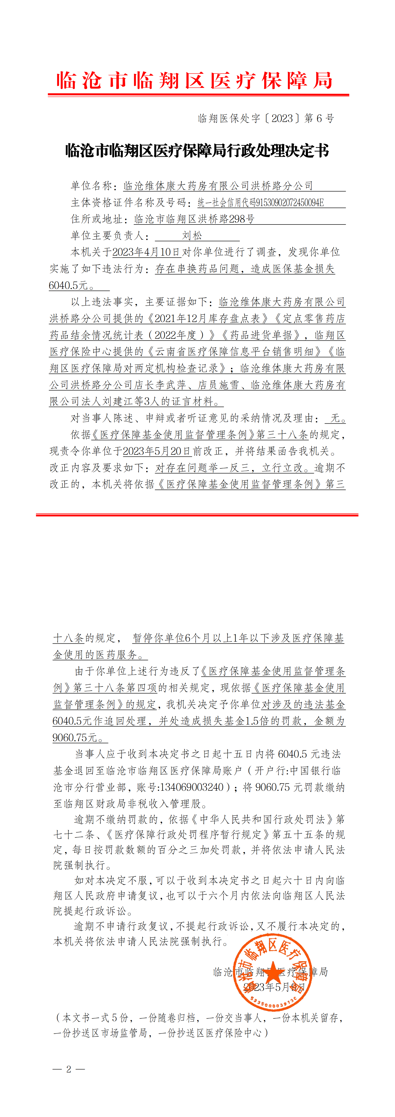 6.临翔医保处字〔2023〕第6号  临沧市临翔区医疗保障局行政处理决定书（洪桥路分公司）_00.png